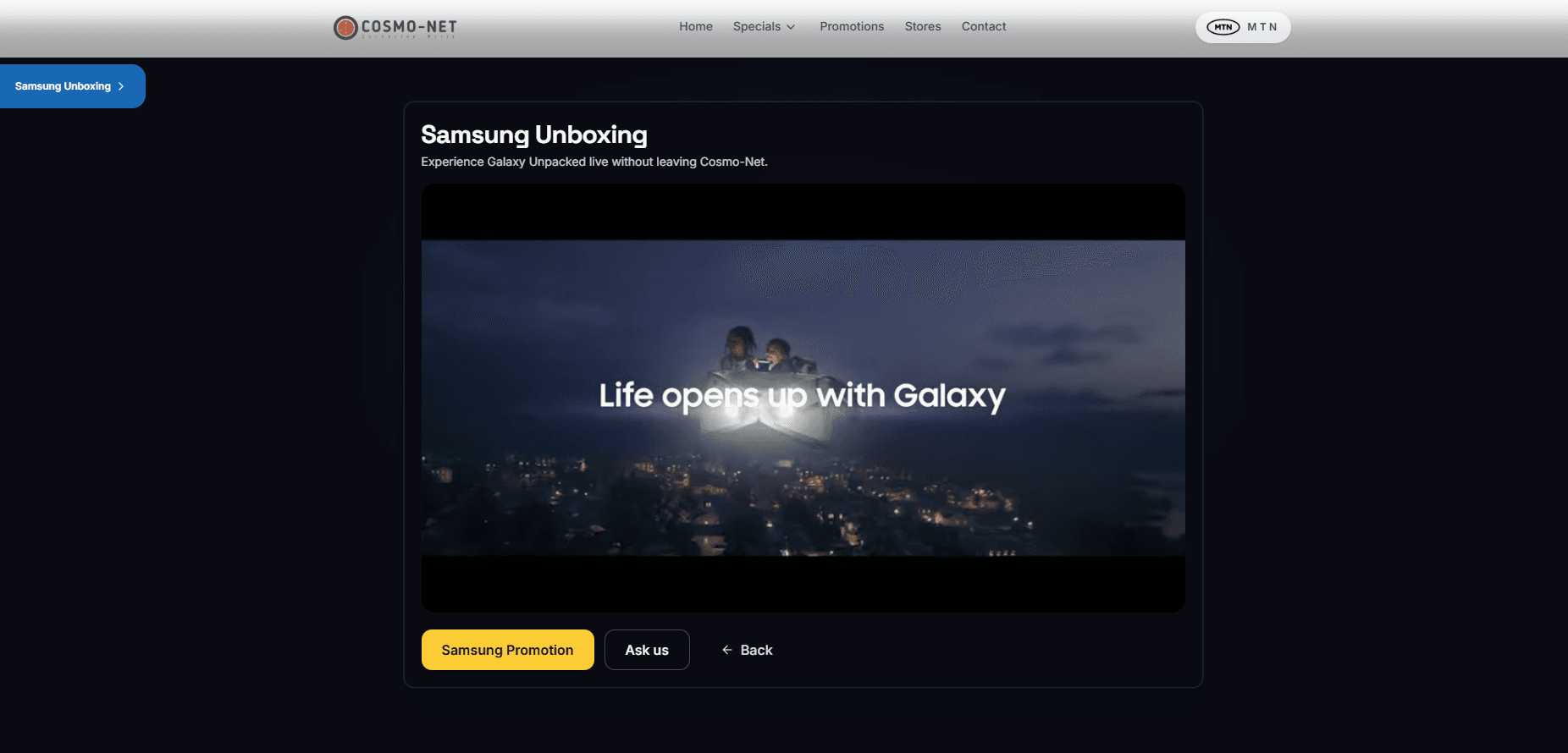 Samsung Unboxing campaign page on Cosmo-net — desktop view.