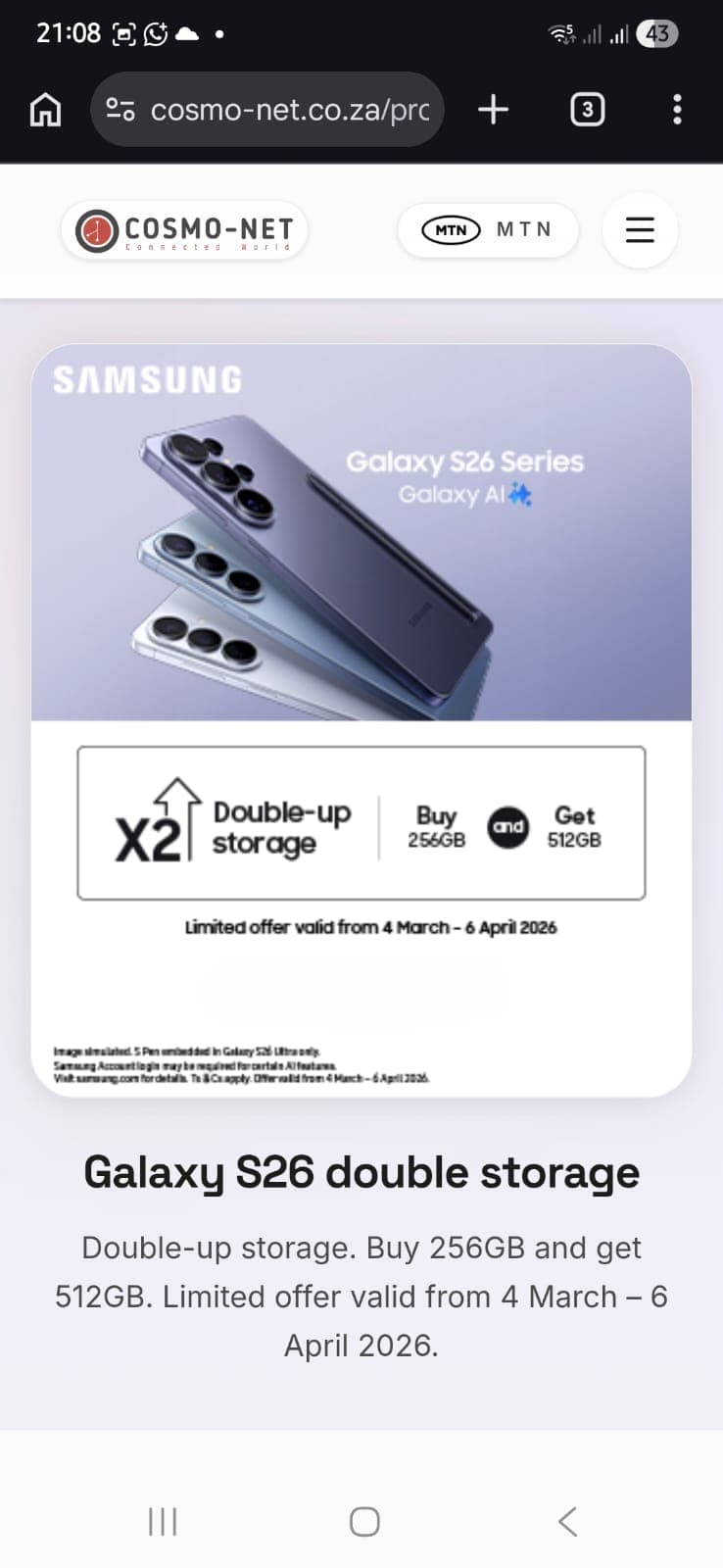 Cosmo-net Samsung Galaxy S26 double storage promotion — mobile view.