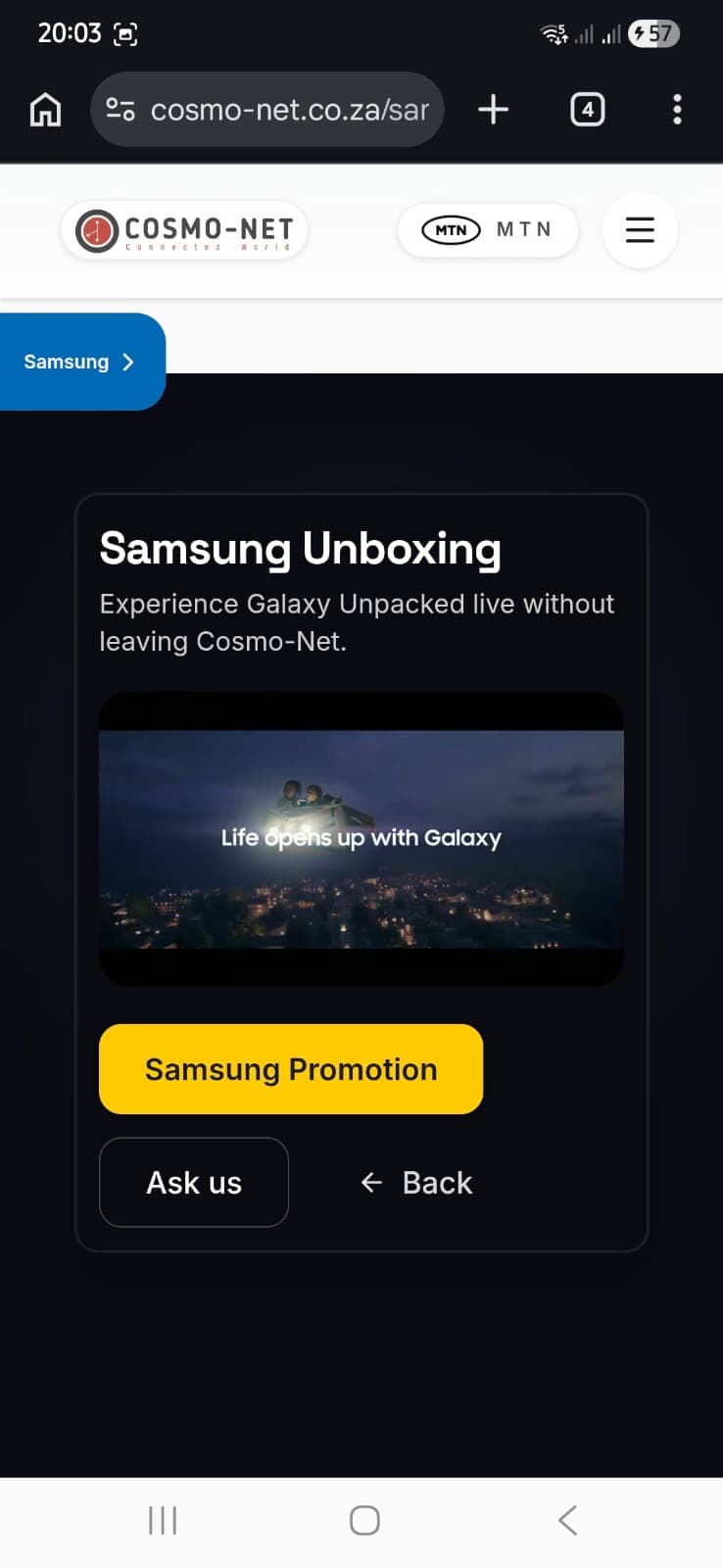 Samsung Unboxing live stream page on Cosmo-net — mobile.