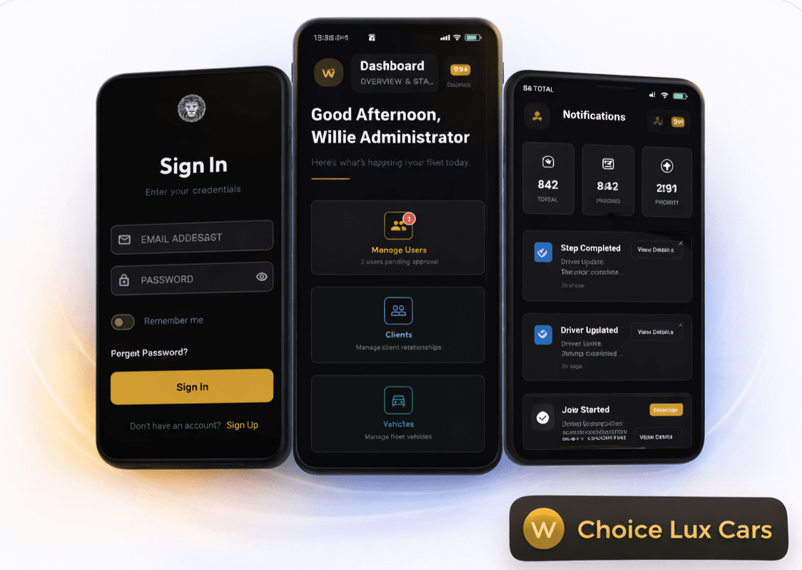 Choice Lux Cars — sign-in, dashboard, notifications