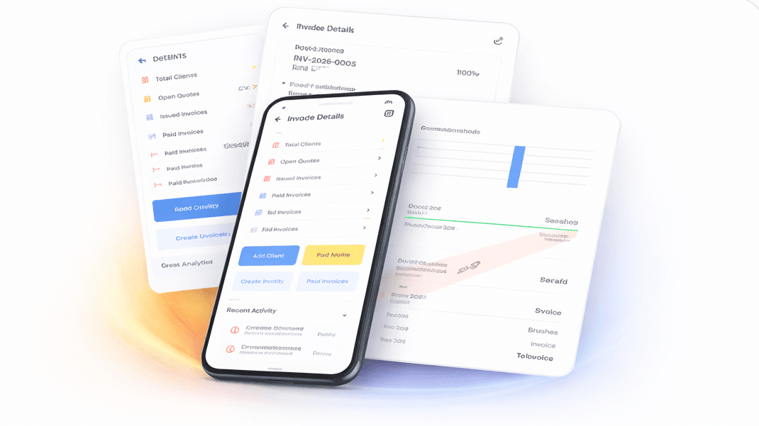 TradeTrack — quote-to-invoice workflow: dashboard, invoices, analytics